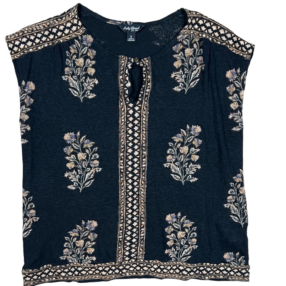 Lucky Brand Small Black Tan Floral Printed Linen Blend Cap Sleeve Top